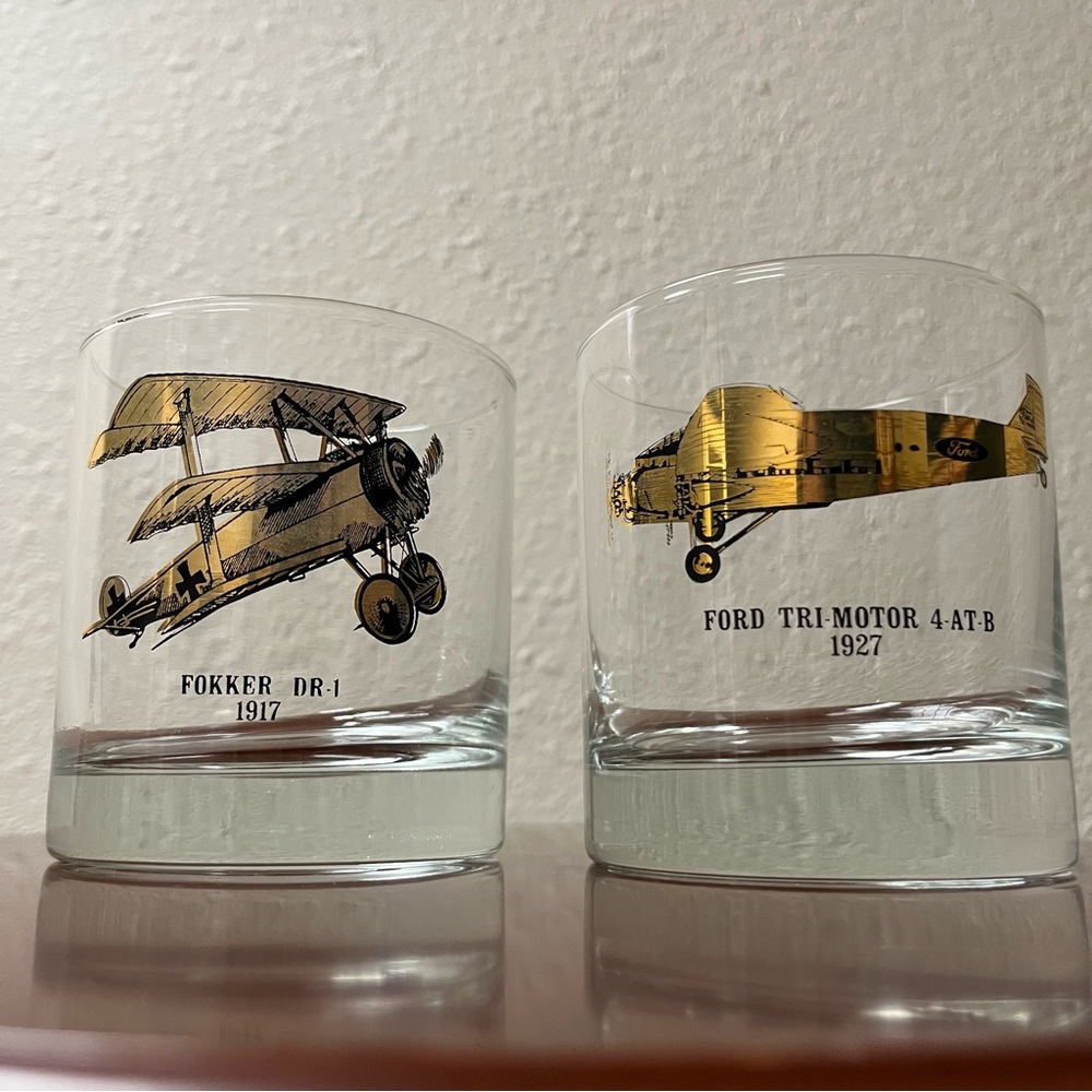 Vintage Plane Cocktail Glasses Fokker DR1 1917 Ford TRI Motor 4-AT-B 1927